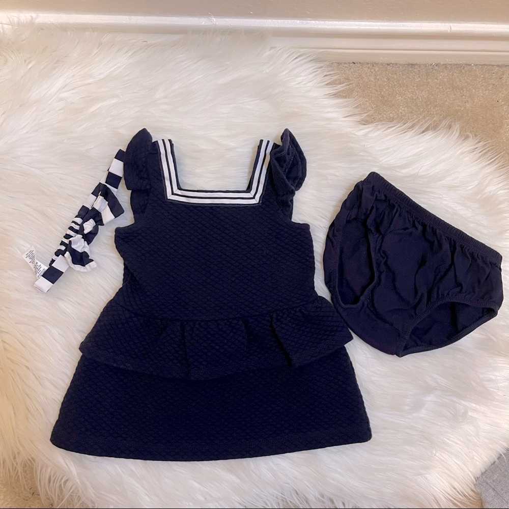 Janie & Jack Girl’s Quilted Navy Square Neck Peplum Flutter Sleeve Dress 6-12M